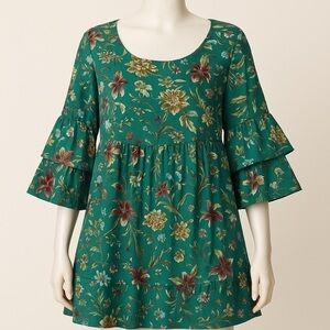 Suzanne Betro green floral ruffle sleeve top